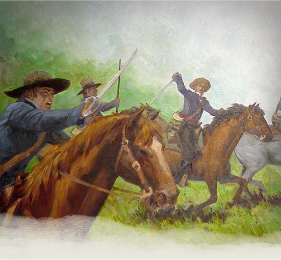 Three Texian soilders with swords drawn, on horseback, charging an unseen enemy.