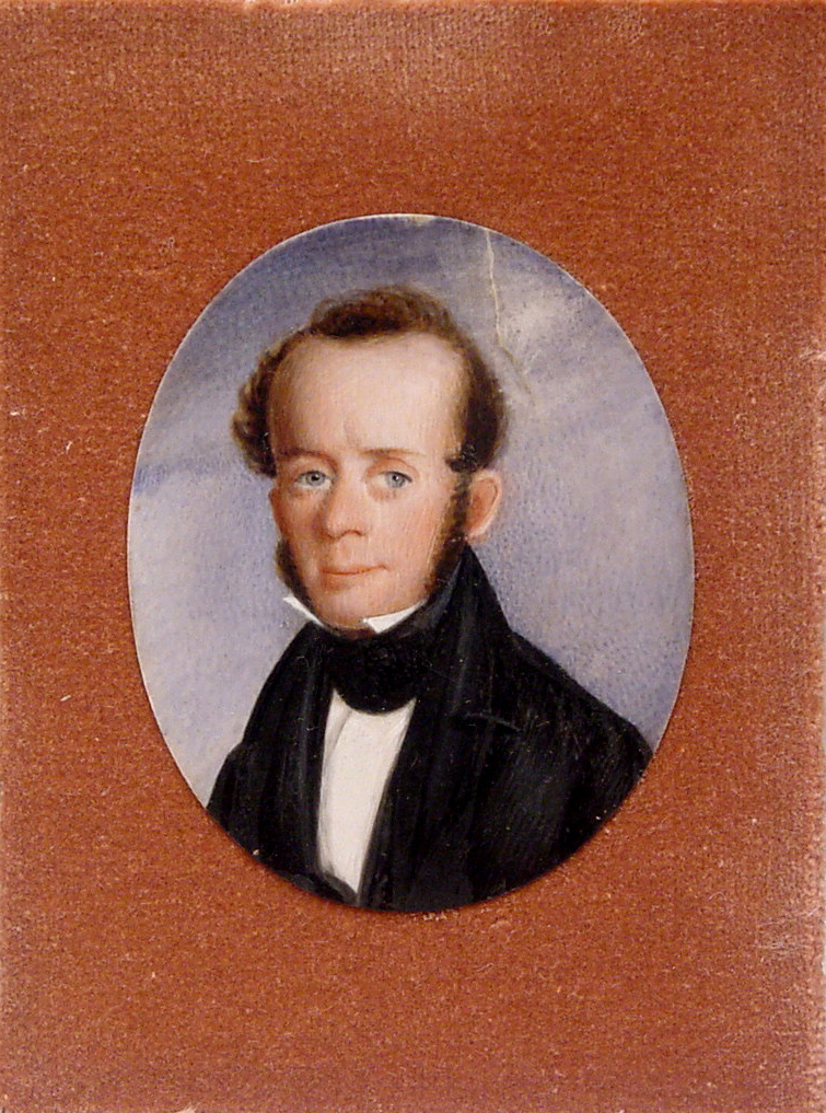 Miniature portrait of a man with dark receding hairline and sideburns.