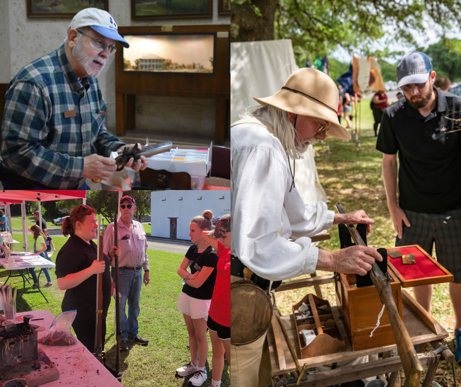 A composite of three photos showing docents talking about 19th-century style guns.