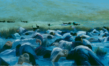 A painting shows bodies lying in shallow water, with coyotes in the background.