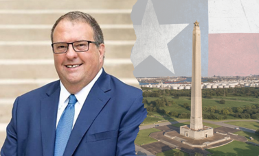 A head and shoulder view of Don Frazier on the left, with the San Jacinto Monument on the right.
