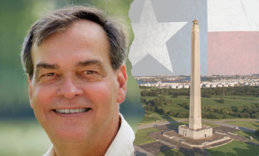 Head shot of James Haley beside an aerial view of the San Jacinto Monument.