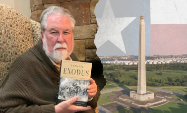 A head and shoulders view of Stephen Hardin holding up the book Texian Exodus on the left, and the San Jacinto Monument on the right.
