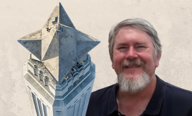 The star on top of the San Jacinto Monument on the left, with a head and shoulders photo of Andy Hill.