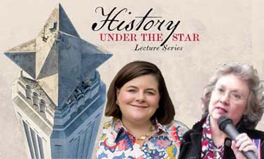 The heads of two women shown beside the star of the San Jacinto Monument.