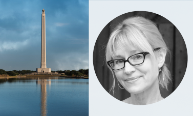 Picture of the San Jacinto Monument on the left, with a head shot photo of a woman with blonde hair on the right.