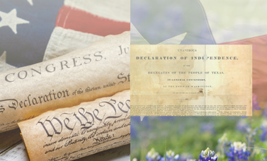 A collage with the U.S. flag, Texas flag, Declaration of Independence and bluebonnets.