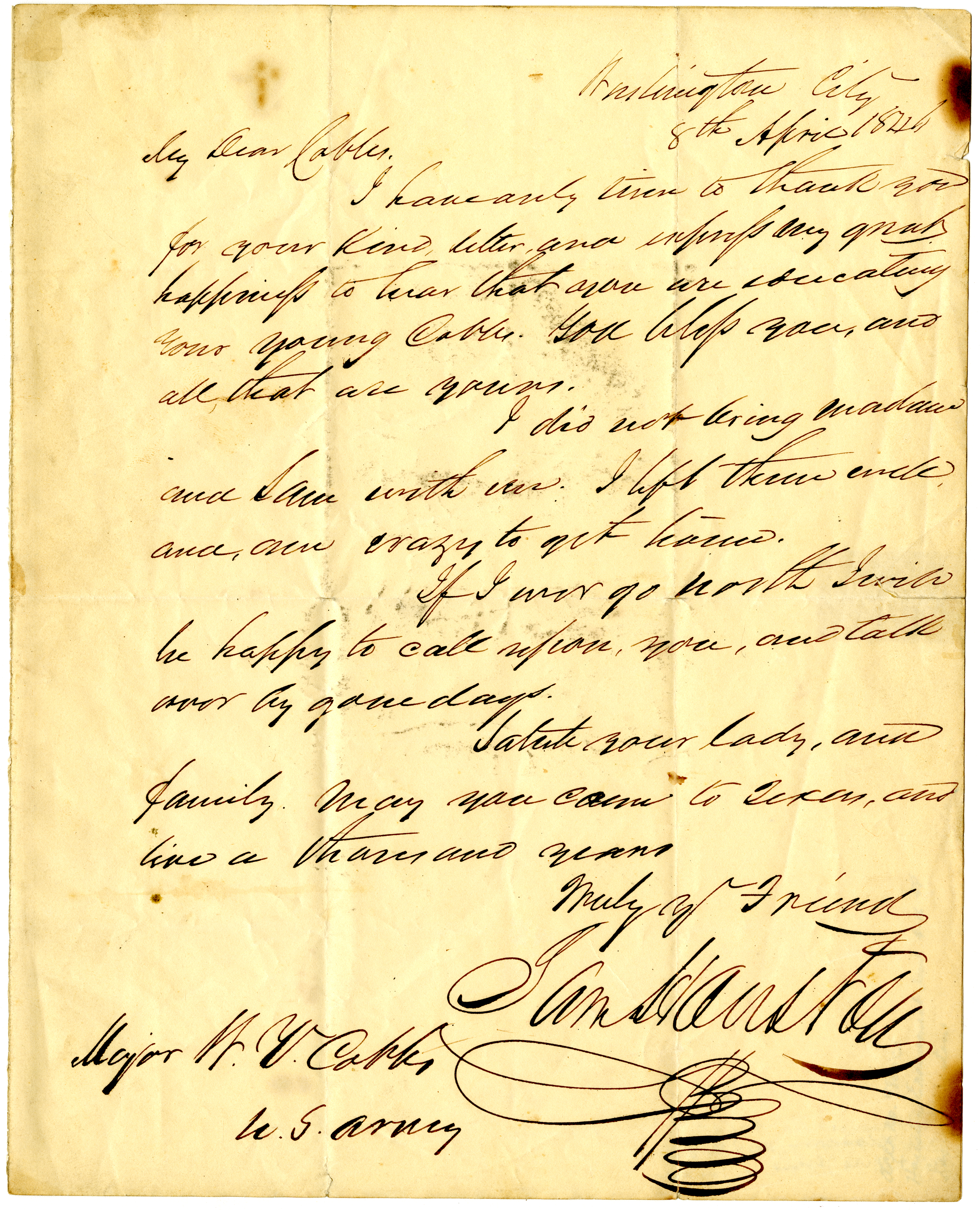 Handwritten letter from Sam Houston to Major Cobles, dated April 8, 1846.