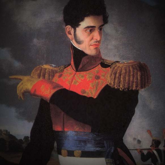 A painting of General Santa Anna pointing toward the San Jacinto battleground