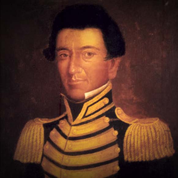 Portrait of Juan Seguin in a dark military coat with gold braid ane epaulettes.